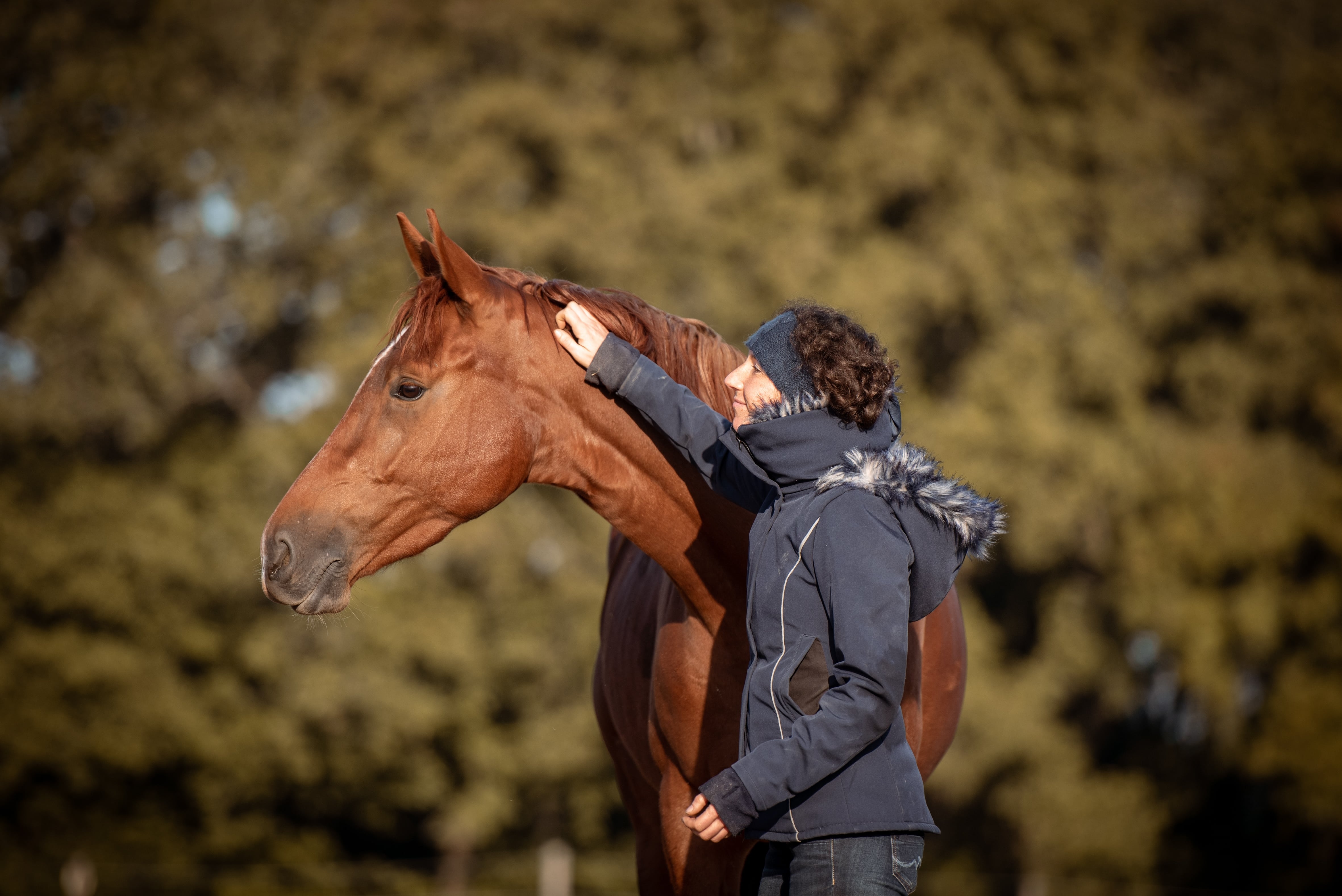 Une femme caressant un cheval